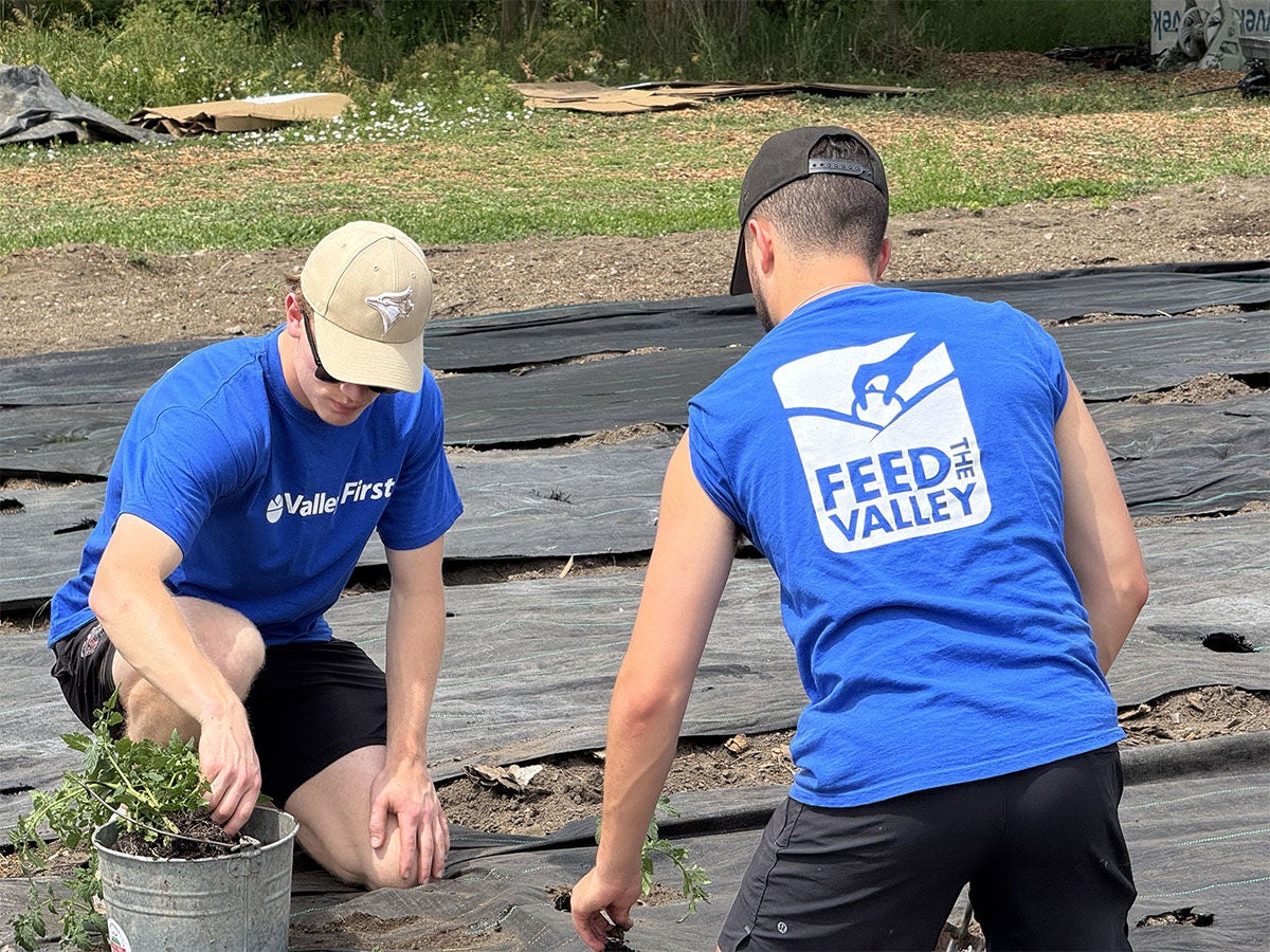 two volunteers working at a community garden